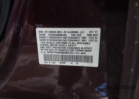 2011 Honda Pilot Ex-L from USA, damaged, VIN 5FNYF4H69BB066763